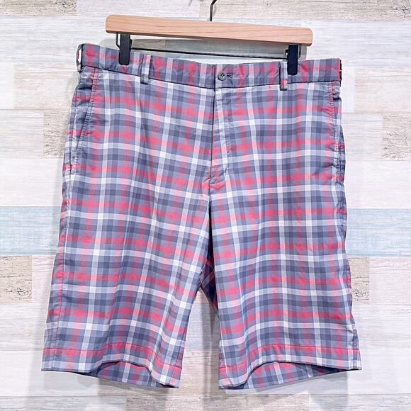 Nike Golf Performance Shorts Red Gray Plaid Flat Front Dri Fit Tech Mens 36 - Picture 1 of 8